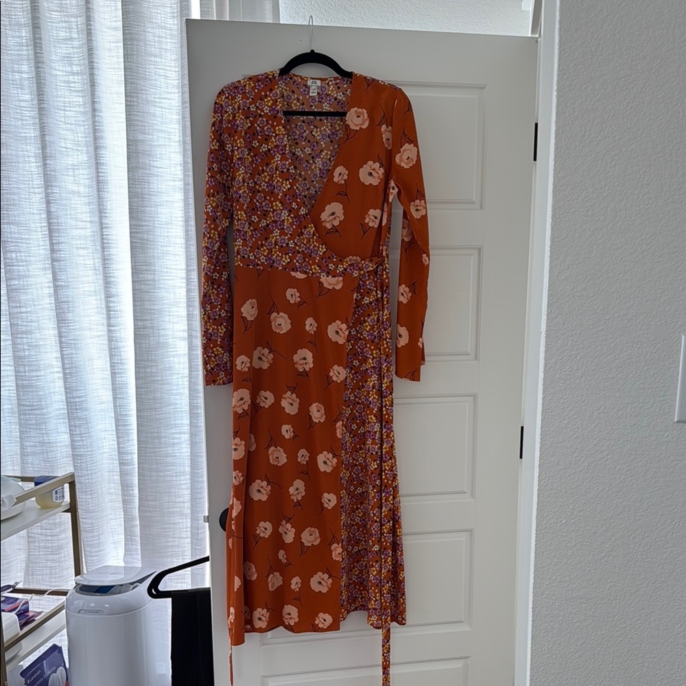 River Island Orange Midi Sundress V-Neck Long Sleeve